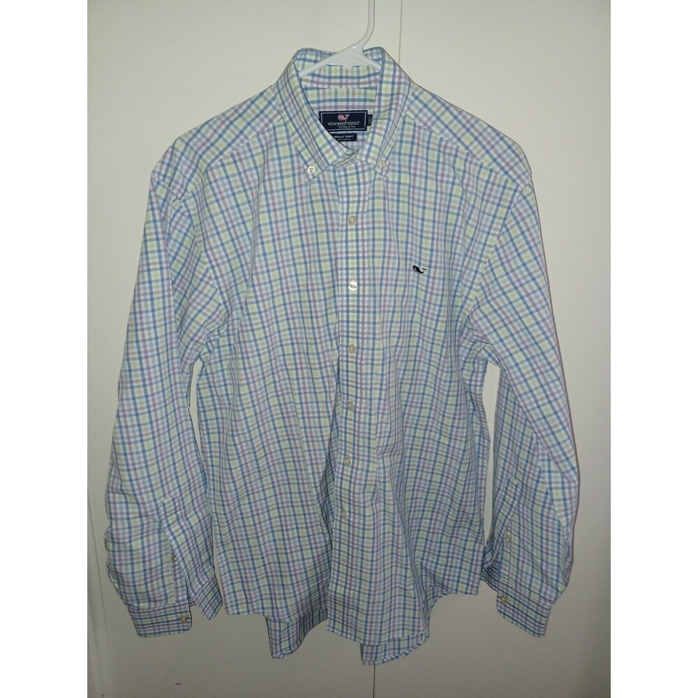 Vineyard Vines Button Down Whale Shirt L/S Light Blue Plaid Mens Size Medium